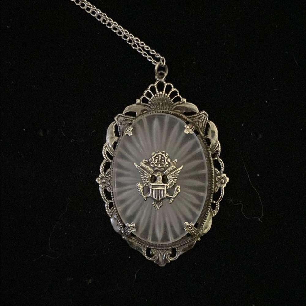 WWII Military Sterling Silver Camphor Glass Sweetheart Pendant and Necklace